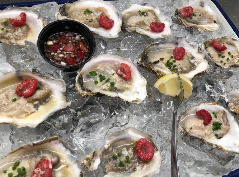 Oysters with raspberry mignonette sauce