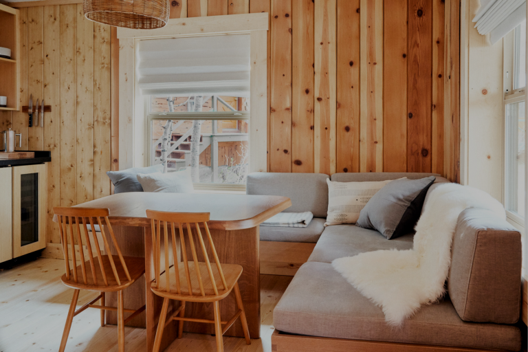 Kitchen and seating area inside of cabin