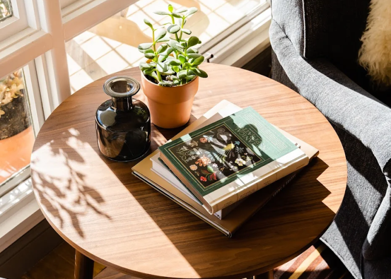 Guestroom table with coffee books