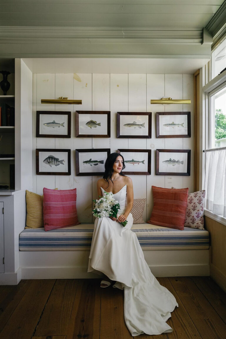 Bride sitting on bench