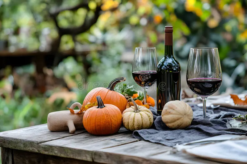 Cozy autumn gathering pumpkins red wine rustic table image features setting variety bottle glasses all set 337841960 | wylder hotels